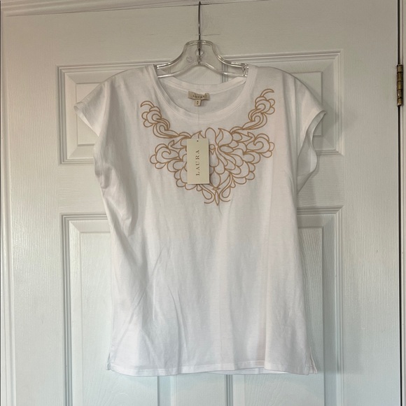 Laura Tops - LAURA Elegant White Top with Gold Design